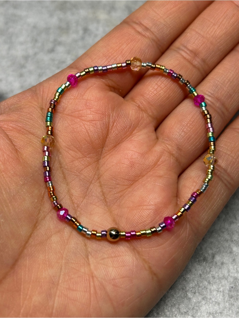 Inspired Handmade Multicolor Seed Bead Bracelet with Pink Accents